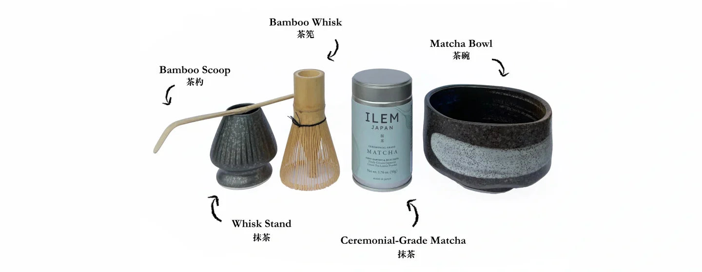 "Matcha tools flat lay — bamboo whisk chasen, chawan bowl, sifter ILEM JAPAN